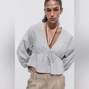 Zara Light Gray Blouse with Embroidered Sleeves